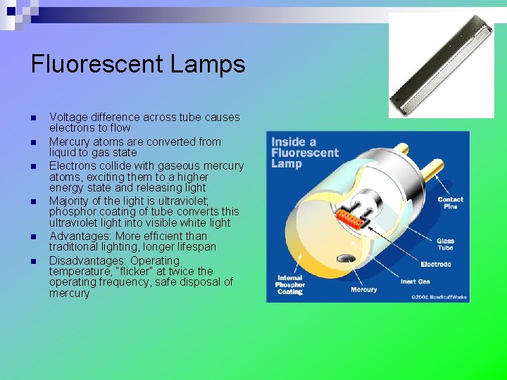 Fluorescent Lamps n n n Voltage difference across tube causes electrons to flow Mercury