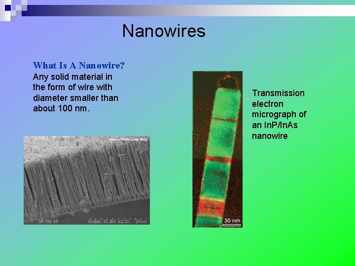 Nanowires What Is A Nanowire? Any solid material in the form of wire with