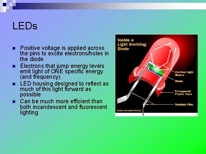 LEDs n n Positive voltage is applied across the pins to excite electrons/holes in