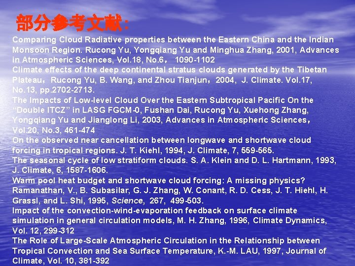部分参考文献: Comparing Cloud Radiative properties between the Eastern China and the Indian Monsoon Region.
