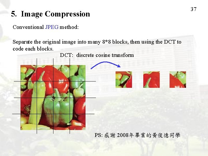 37 5. Image Compression Conventional JPEG method: Separate the original image into many 8*8