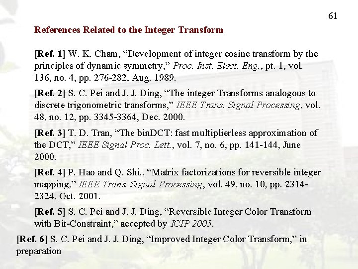 61 References Related to the Integer Transform [Ref. 1] W. K. Cham, “Development of