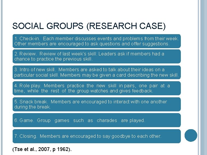 SOCIAL GROUPS (RESEARCH CASE) 1. Check-in. Each member discusses events and problems from their