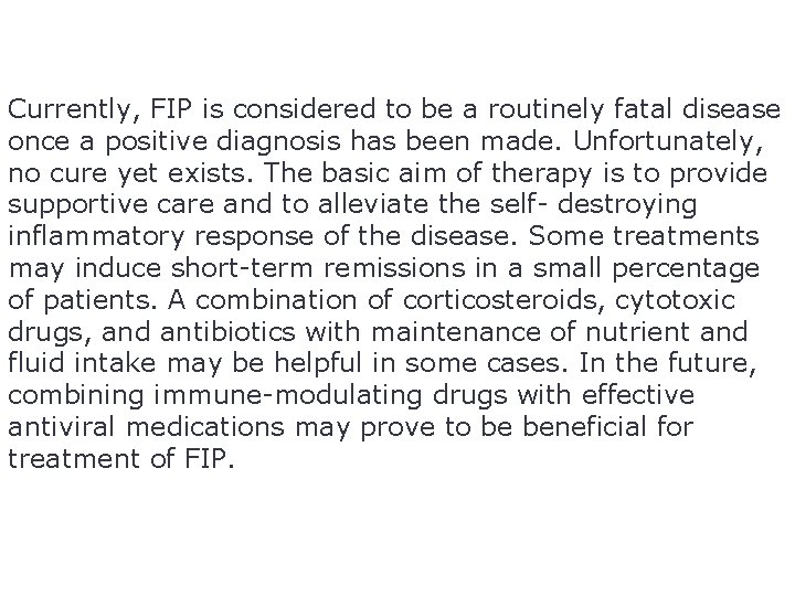 Currently, FIP is considered to be a routinely fatal disease once a positive diagnosis