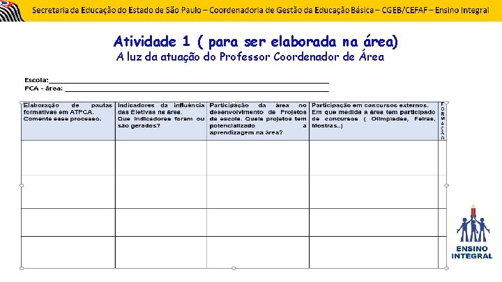 Atividade 1 ( para ser elaborada na área) A luz da atuação do Professor