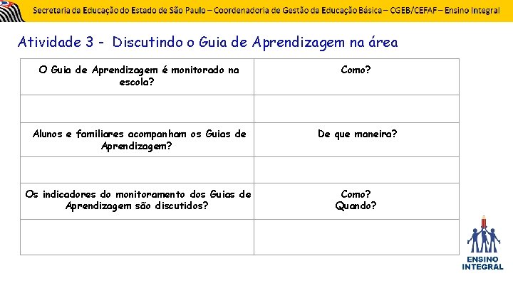 Atividade 3 - Discutindo o Guia de Aprendizagem na área O Guia de Aprendizagem