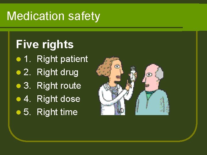 Medication safety Five rights l 1. l 2. l 3. l 4. l 5.