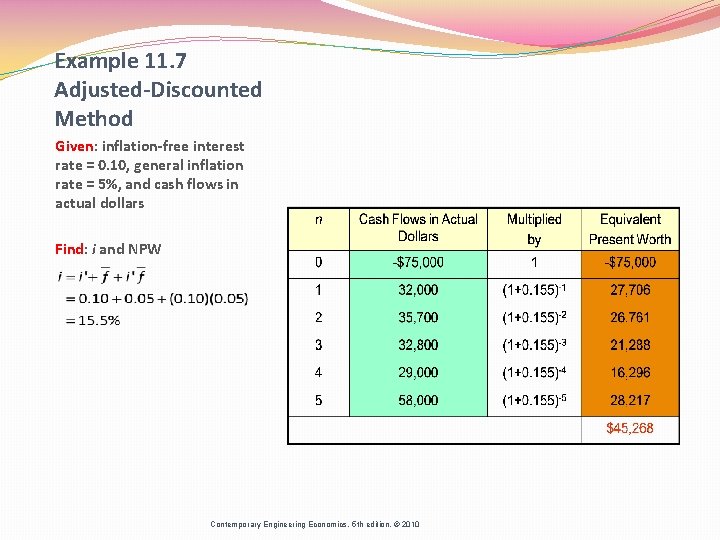 Example 11. 7 Adjusted-Discounted Method Given: inflation-free interest rate = 0. 10, general inflation