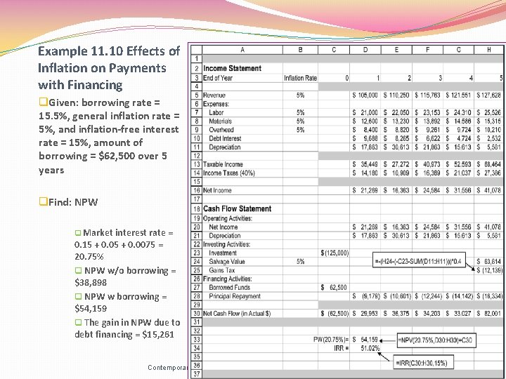 Example 11. 10 Effects of Inflation on Payments with Financing q. Given: borrowing rate