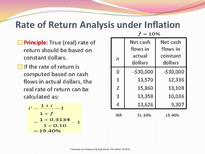 Rate of Return Analysis under Inflation �Principle: True (real) rate of return should be