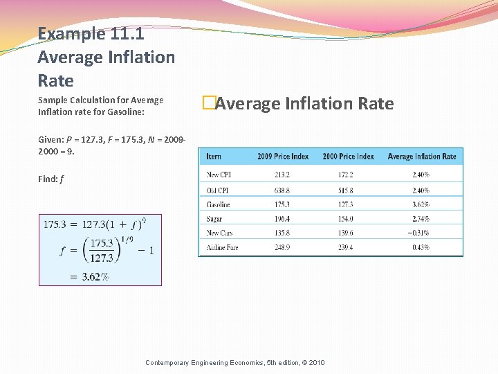 Example 11. 1 Average Inflation Rate Sample Calculation for Average Inflation rate for Gasoline: