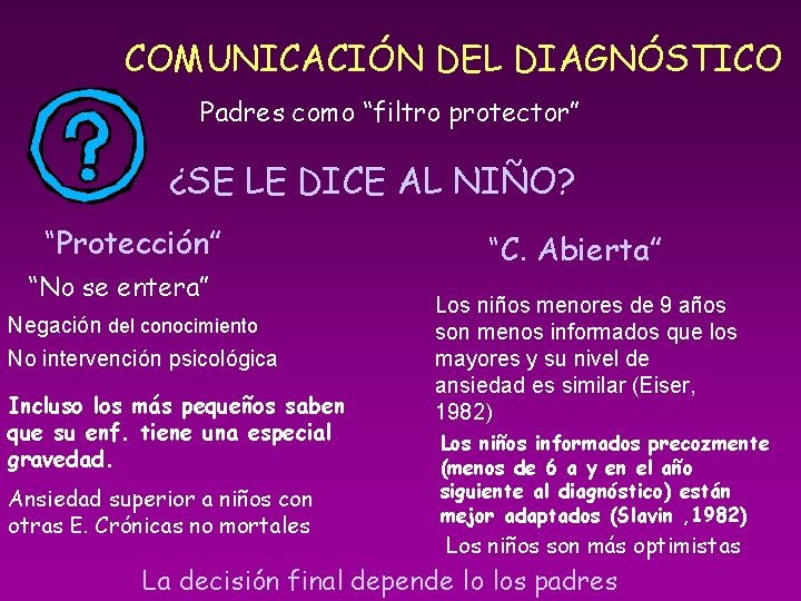 COMUNICACIÓN DEL DIAGNÓSTICO Padres como “filtro protector” ¿SE LE DICE AL NIÑO? “Protección” “No