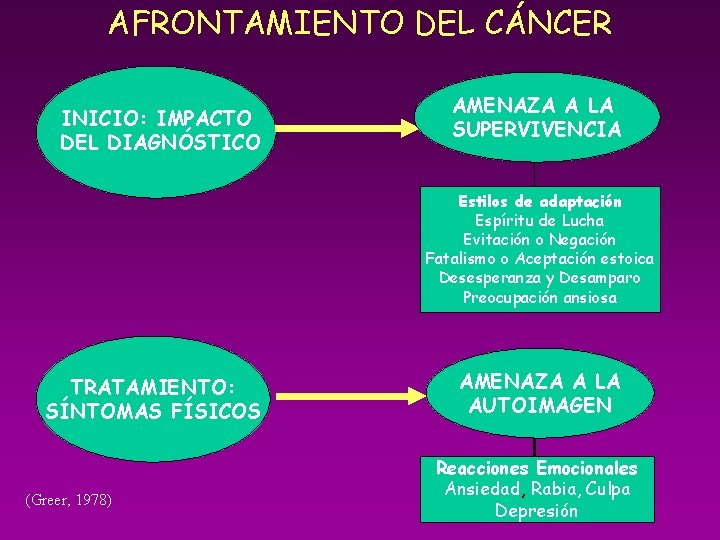 AFRONTAMIENTO DEL CÁNCER INICIO: IMPACTO DEL DIAGNÓSTICO AMENAZA A LA SUPERVIVENCIA Estilos de adaptación