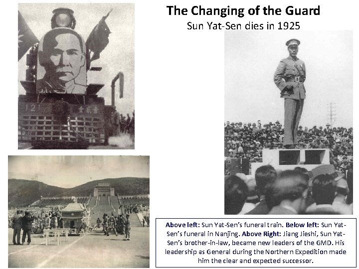 The Changing of the Guard Sun Yat-Sen dies in 1925 Above left: Sun Yat-Sen’s