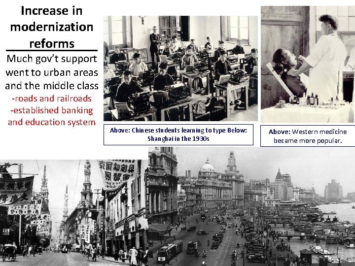 Increase in modernization reforms Much gov’t support went to urban areas and the middle Increase in modernization reforms Much gov’t support went to urban areas and the middle