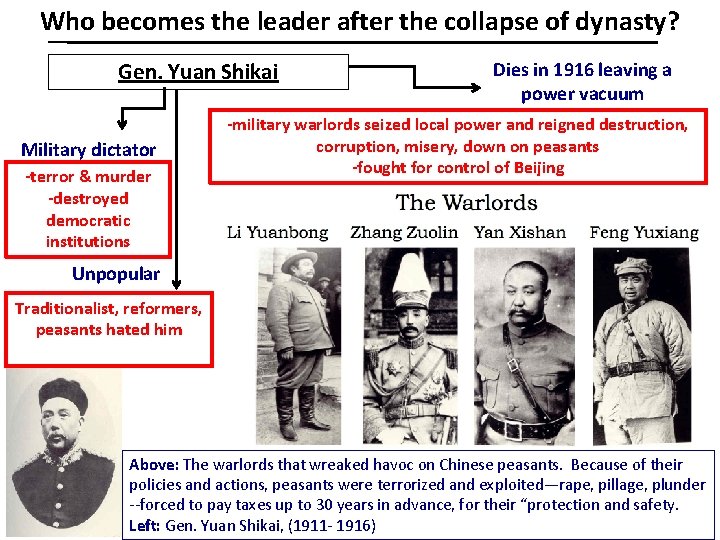 Who becomes the leader after the collapse of dynasty? Gen. Yuan Shikai Military dictator