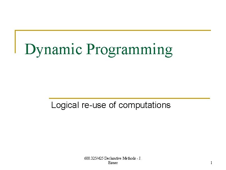 Dynamic Programming Logical re-use of computations 600. 325/425 Declarative Methods - J. Eisner 1