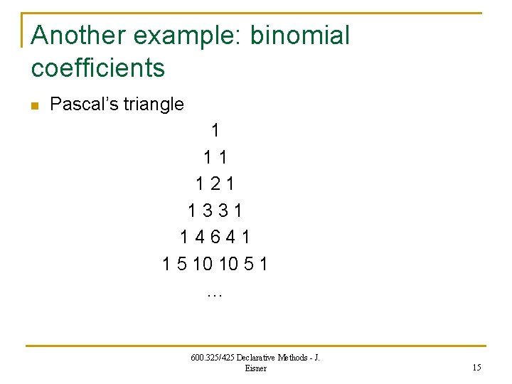 Another example: binomial coefficients n Pascal’s triangle 1 1 2 1 1 3 3