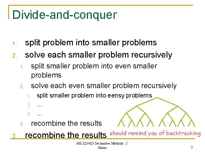 Divide-and-conquer split problem into smaller problems solve each smaller problem recursively 1. 2. split