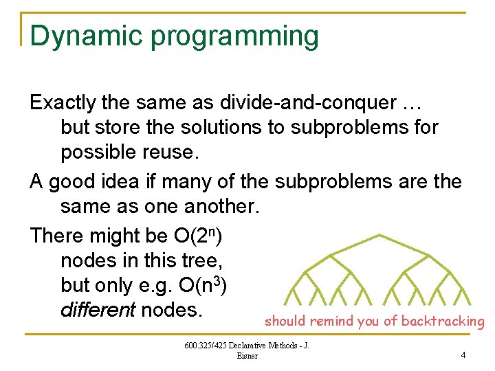 Dynamic programming Exactly the same as divide-and-conquer … but store the solutions to subproblems