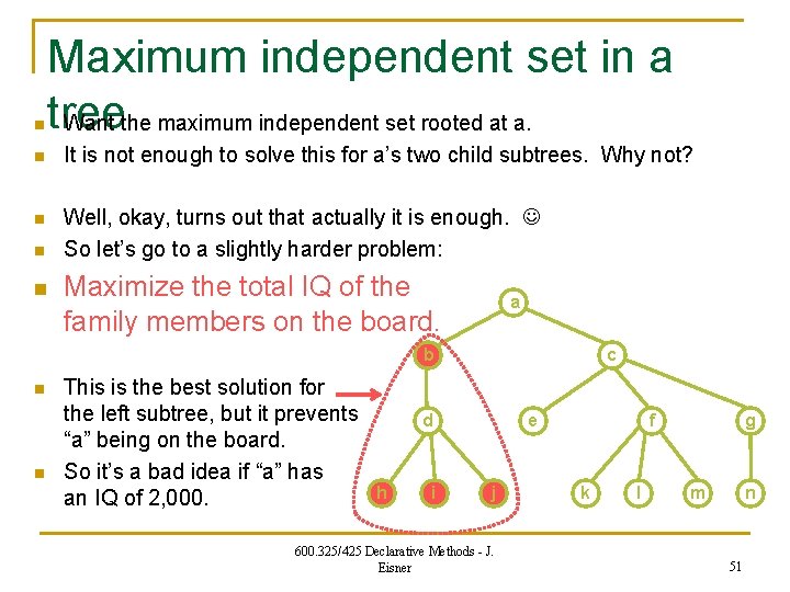 n Maximum independent set in a tree Want the maximum independent set rooted at