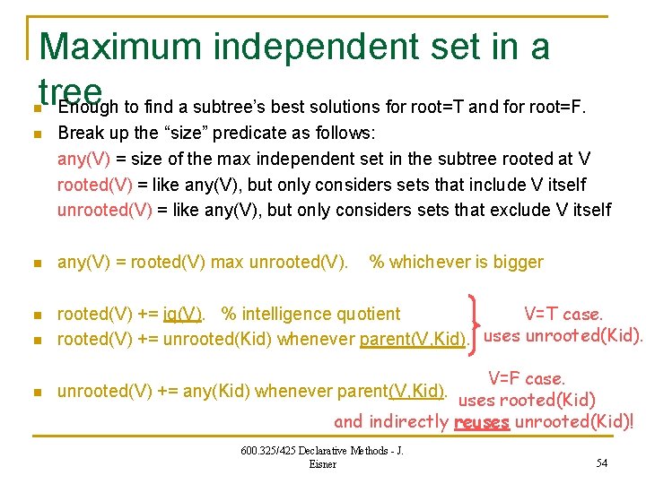 Maximum independent set in a tree Enough to find a subtree’s best solutions for