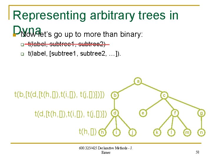 Representing arbitrary trees in Dyna n Now let’s go up to more than binary: