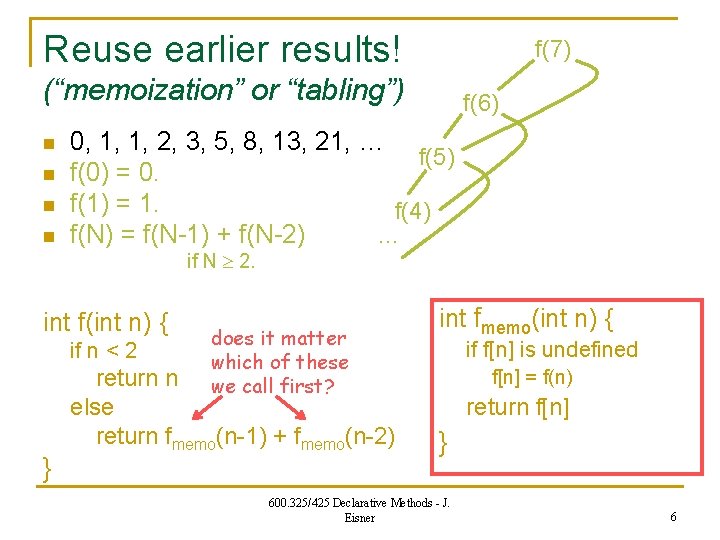 Reuse earlier results! f(7) (“memoization” or “tabling”) n n f(6) 0, 1, 1, 2,