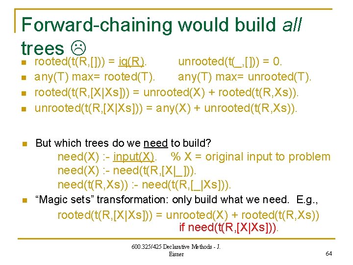 Forward-chaining would build all trees n rooted(t(R, [])) = iq(R). unrooted(t(_, [])) = 0.