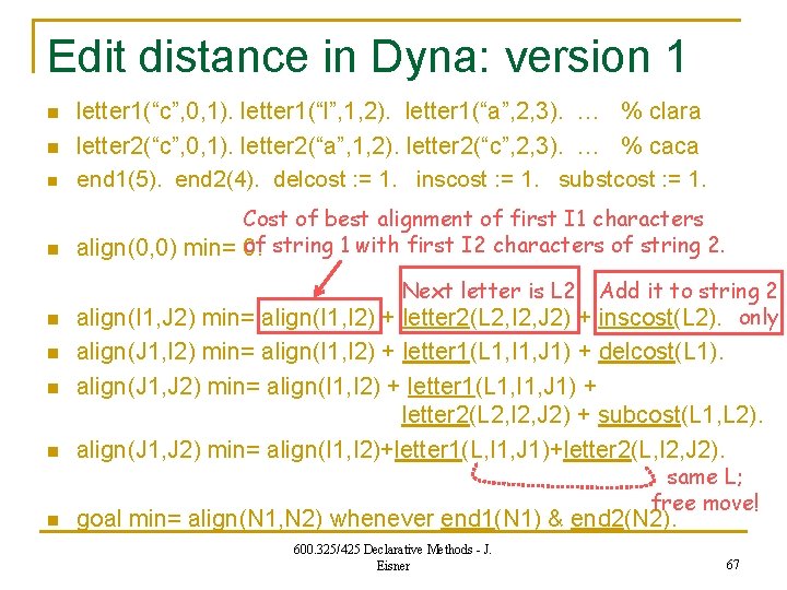 Edit distance in Dyna: version 1 n letter 1(“c”, 0, 1). letter 1(“l”, 1,