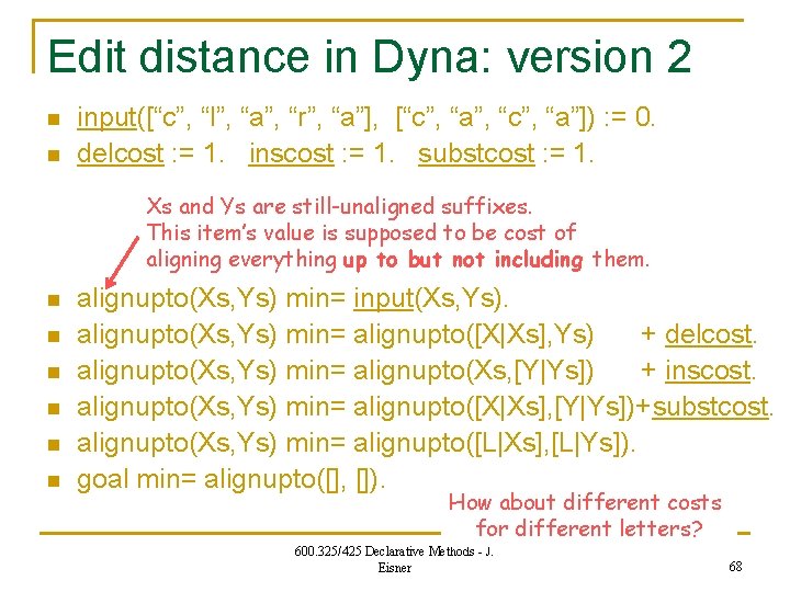 Edit distance in Dyna: version 2 n n input([“c”, “l”, “a”, “r”, “a”], [“c”,