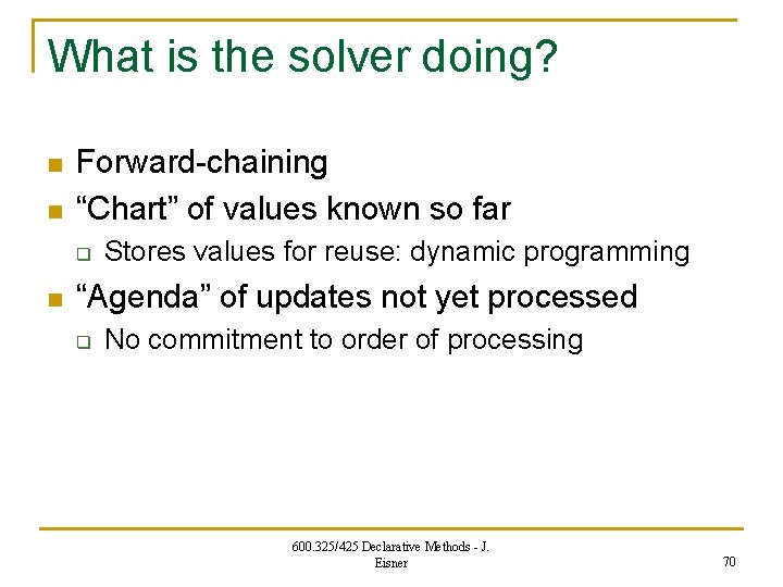 What is the solver doing? n n Forward-chaining “Chart” of values known so far
