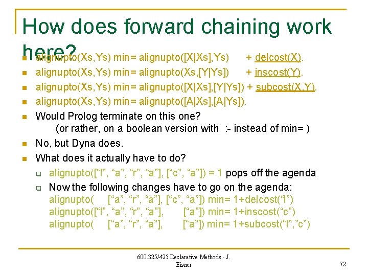 How does forward chaining work here? alignupto(Xs, Ys) min= alignupto([X|Xs], Ys) + delcost(X). n
