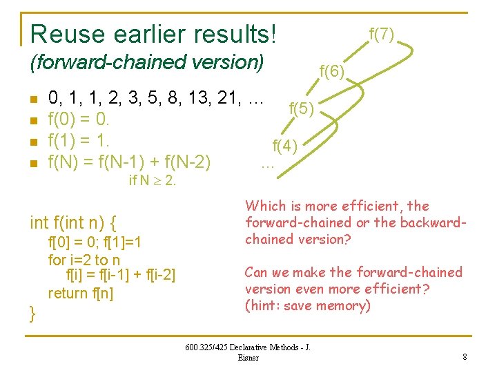 Reuse earlier results! (forward-chained version) n n f(7) f(6) 0, 1, 1, 2, 3,