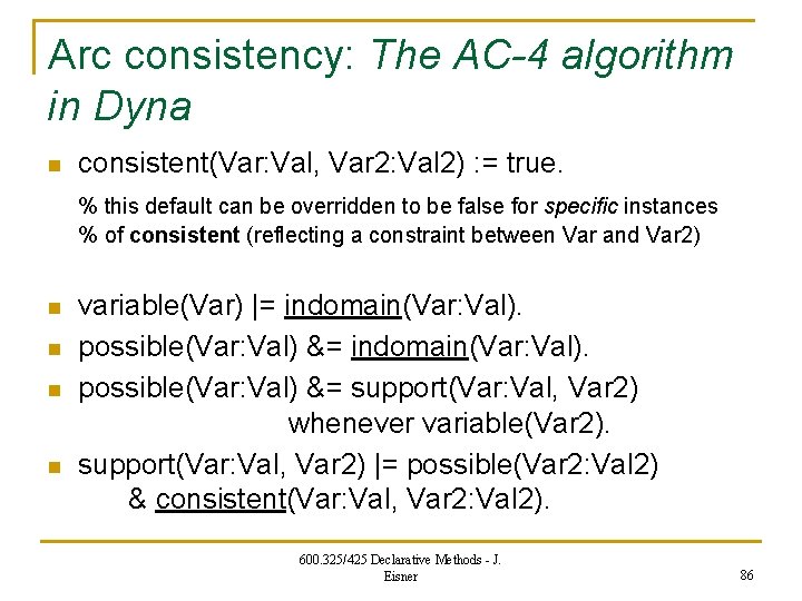 Arc consistency: The AC-4 algorithm in Dyna n consistent(Var: Val, Var 2: Val 2)