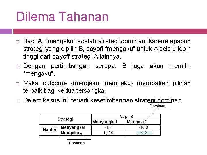 Dilema Tahanan Bagi A, “mengaku” adalah strategi dominan, karena apapun strategi yang dipilih B,