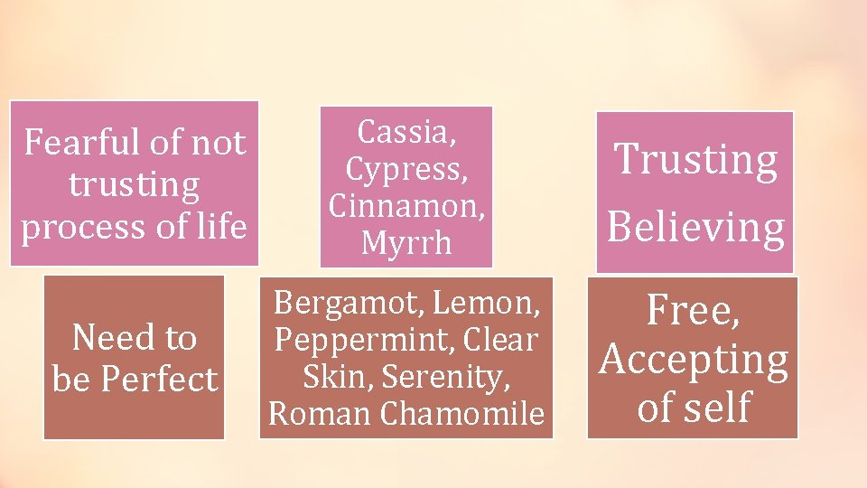 Fearful of not trusting process of life Cassia, Cypress, Cinnamon, Myrrh Trusting Believing Need