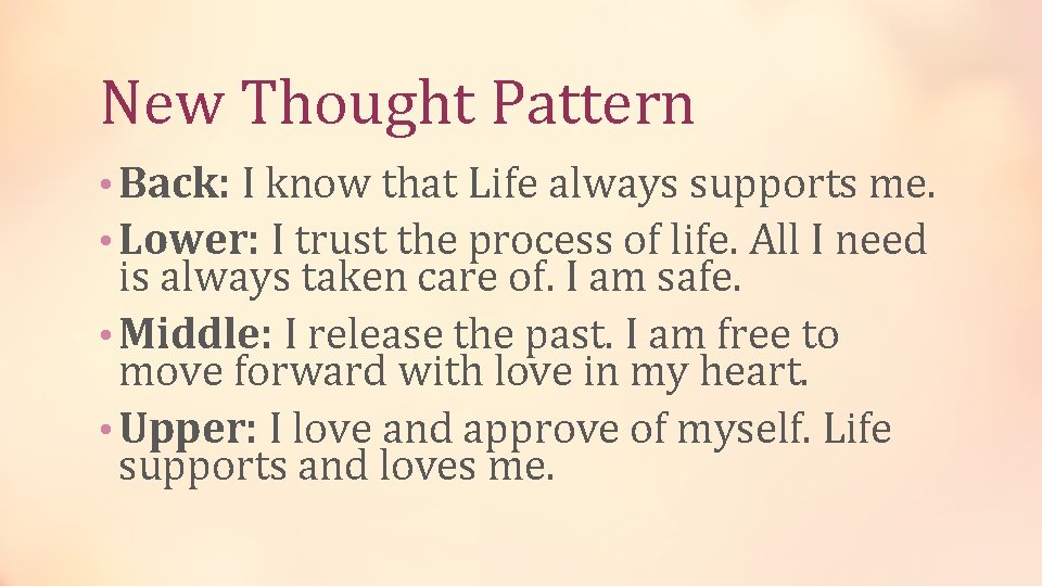 New Thought Pattern • Back: I know that Life always supports me. • Lower: