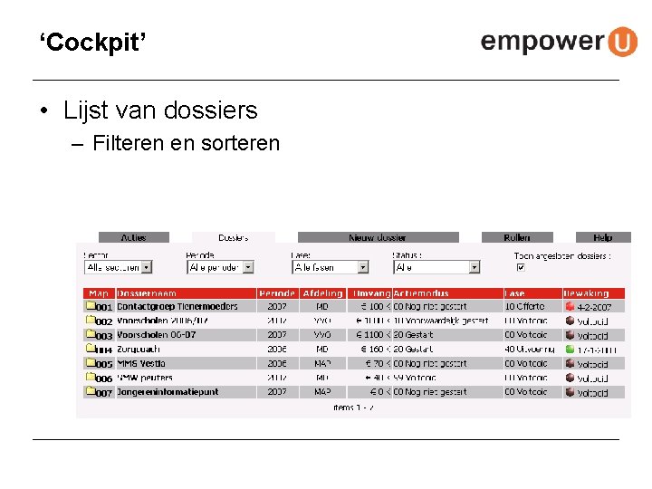 ‘Cockpit’ • Lijst van dossiers – Filteren en sorteren 