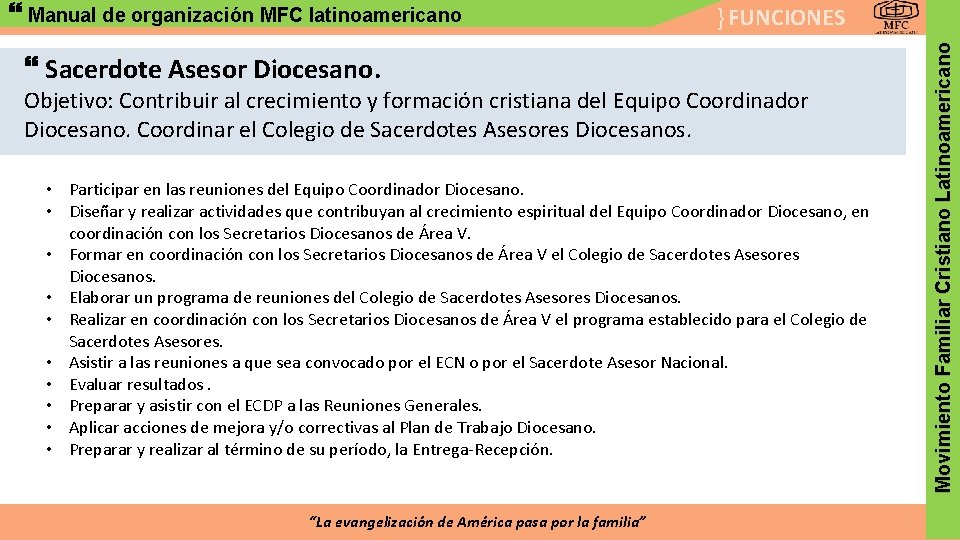 } FUNCIONES Sacerdote Asesor Diocesano. Objetivo: Contribuir al crecimiento y formación cristiana del Equipo
