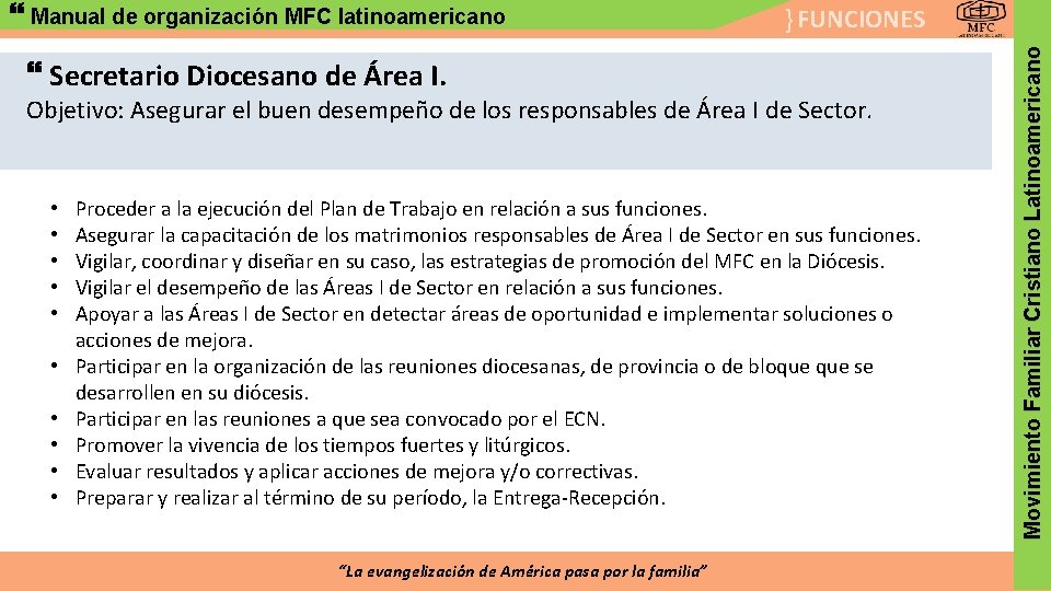 } FUNCIONES Secretario Diocesano de Área I. Objetivo: Asegurar el buen desempeño de los