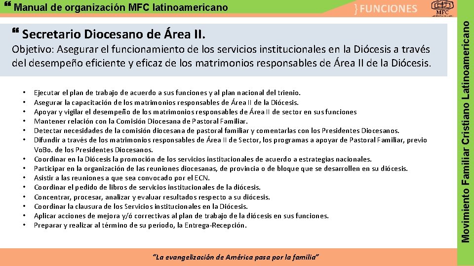 } FUNCIONES Secretario Diocesano de Área II. Objetivo: Asegurar el funcionamiento de los servicios
