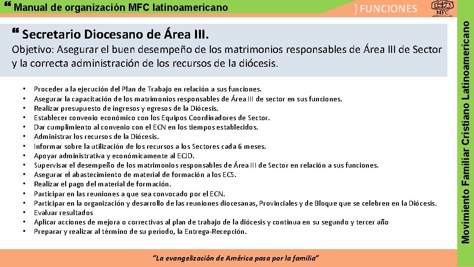 } FUNCIONES Secretario Diocesano de Área III. Objetivo: Asegurar el buen desempeño de los