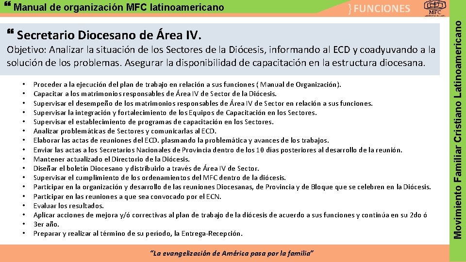 } FUNCIONES Secretario Diocesano de Área IV. Objetivo: Analizar la situación de los Sectores