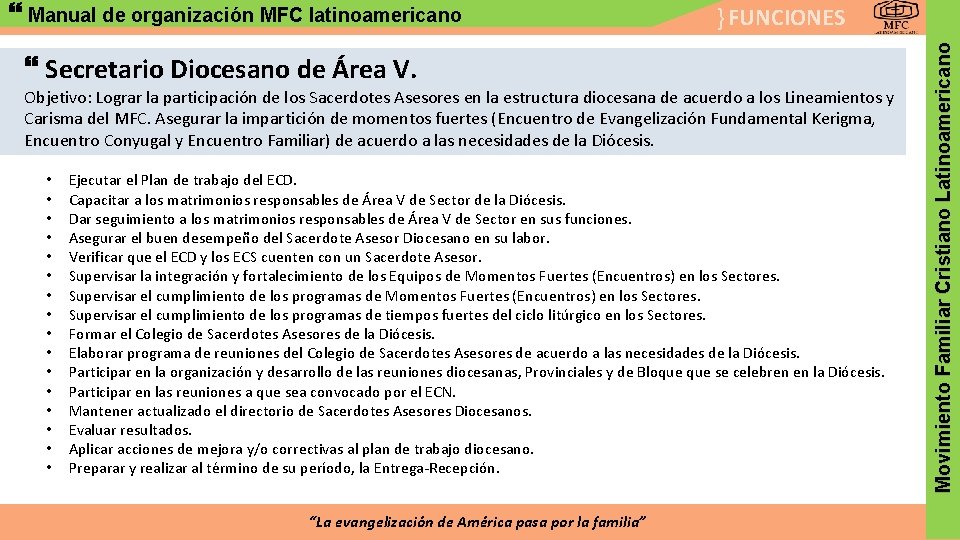 } FUNCIONES Secretario Diocesano de Área V. Objetivo: Lograr la participación de los Sacerdotes