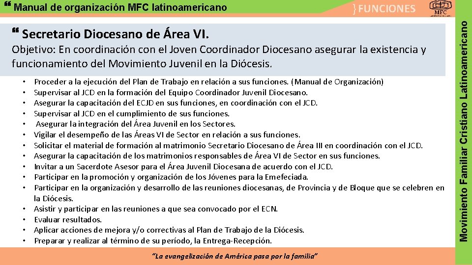} FUNCIONES Secretario Diocesano de Área VI. Objetivo: En coordinación con el Joven Coordinador