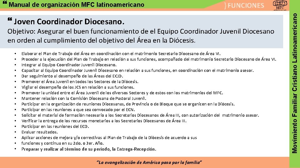 } FUNCIONES Joven Coordinador Diocesano. Objetivo: Asegurar el buen funcionamiento de el Equipo Coordinador