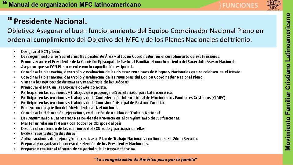 } FUNCIONES Presidente Nacional. Objetivo: Asegurar el buen funcionamiento del Equipo Coordinador Nacional Pleno