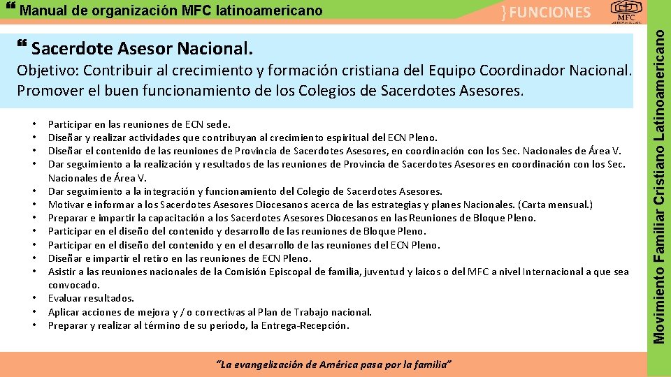 } FUNCIONES Sacerdote Asesor Nacional. Objetivo: Contribuir al crecimiento y formación cristiana del Equipo
