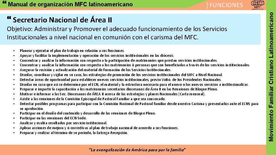 } FUNCIONES Secretario Nacional de Área II Objetivo: Administrar y Promover el adecuado funcionamiento